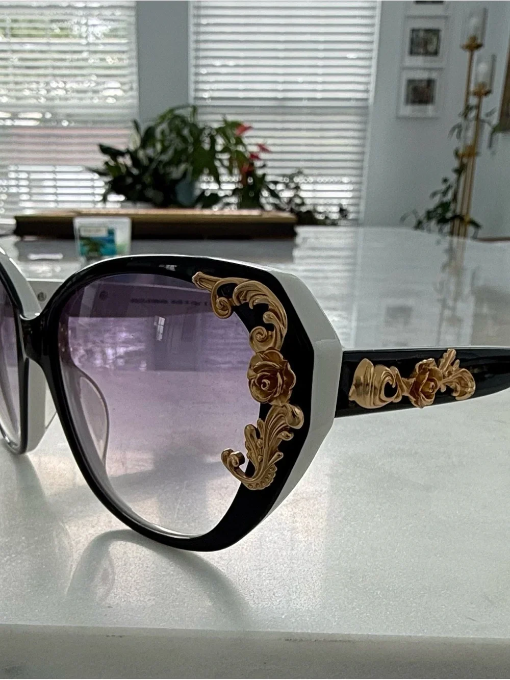 Dolce Gabbana Black, White and Gold  Baroque Floral Accent Sunglasses